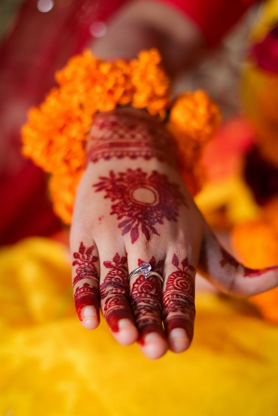 Mehendi-covered hand resting on a yellow outfit