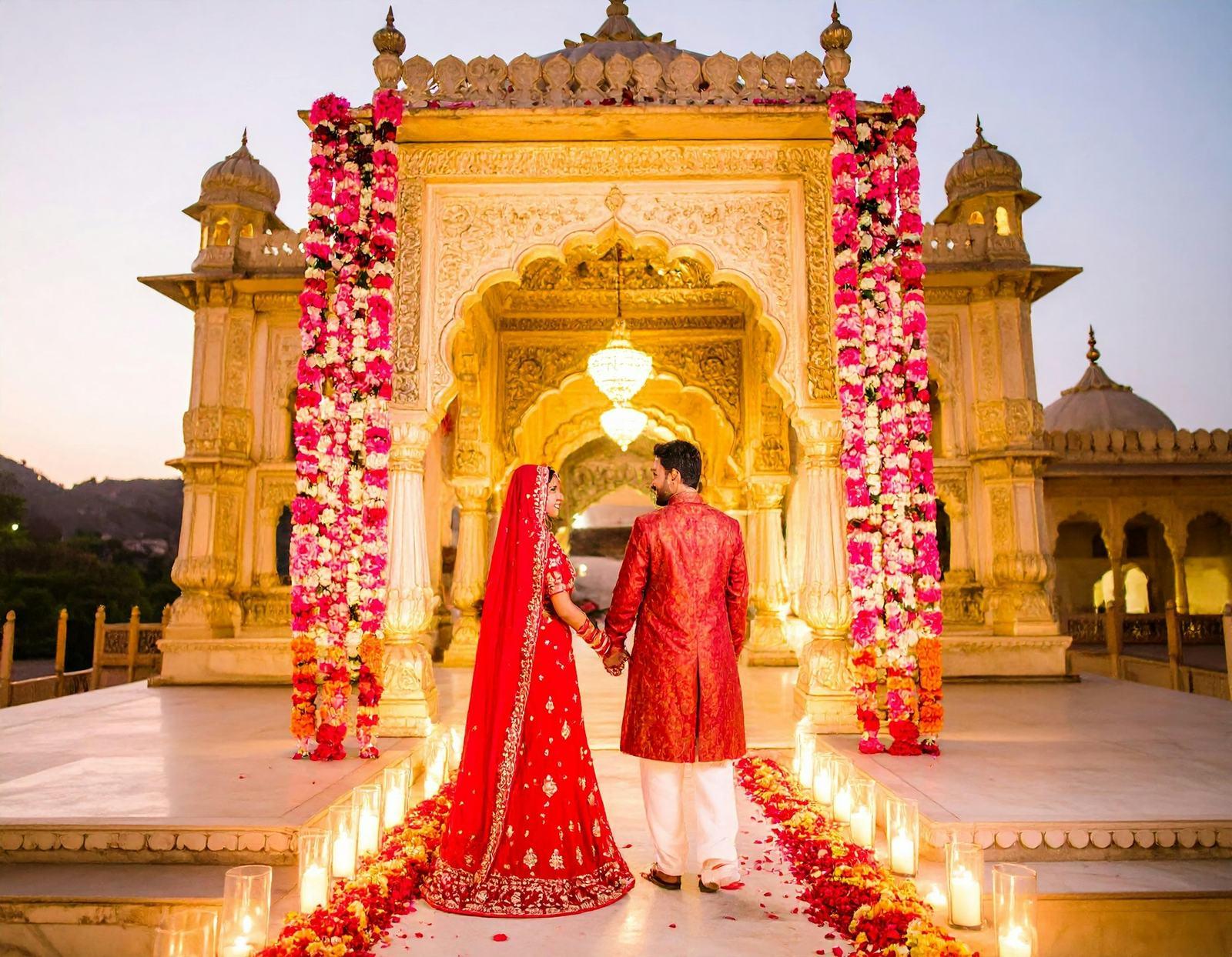 Bride and groom walking into a palace courtyard lined with flowers